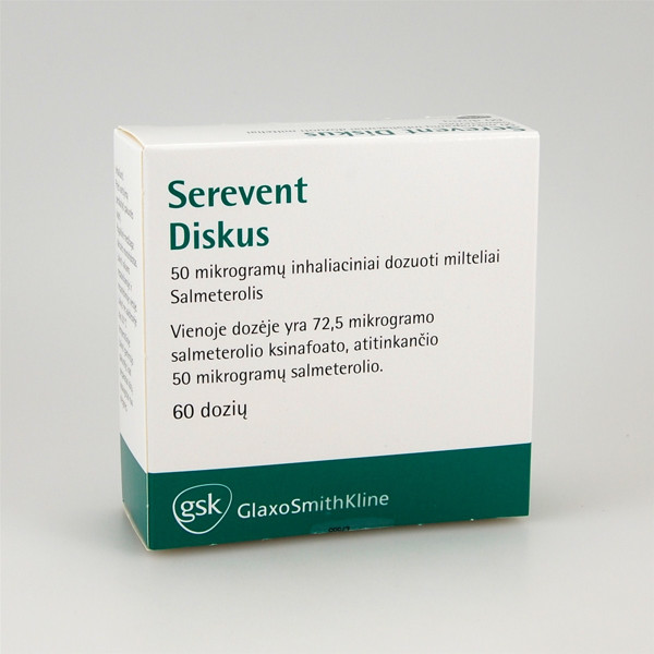 SEREVENT DISKUS, 50 mikrogramų/dozėje, dozuoti įkvepiamieji milteliai, 60 dozių paveikslėlis
