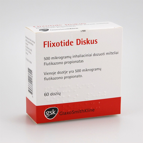FLIXOTIDE DISKUS, 500 mikrogramų/dozėje, dozuoti įkvepiamieji milteliai, 60 dozių paveikslėlis