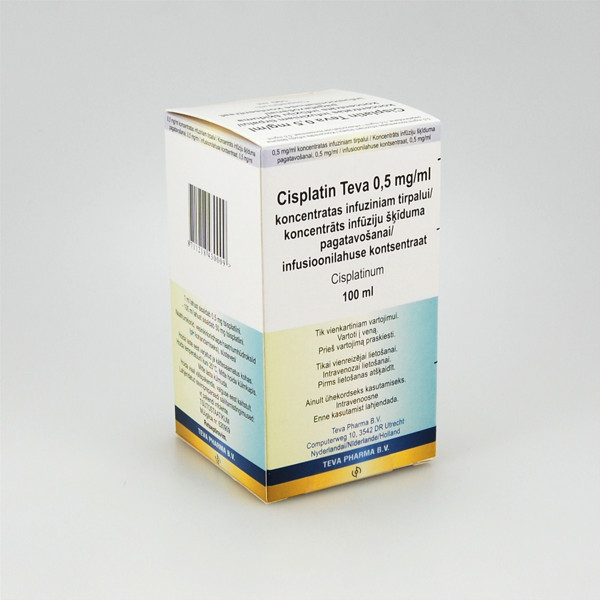 CISPLATIN TEVA, 0,5 mg/ml, koncentratas infuziniam tirpalui, 100 ml paveikslėlis