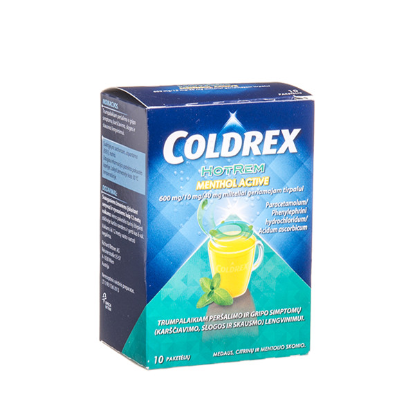COLDREX HOTREM MENTHOL ACTIVE, 600 mg/10 mg/40 mg, milteliai geriamajam tirpalui, N10  paveikslėlis