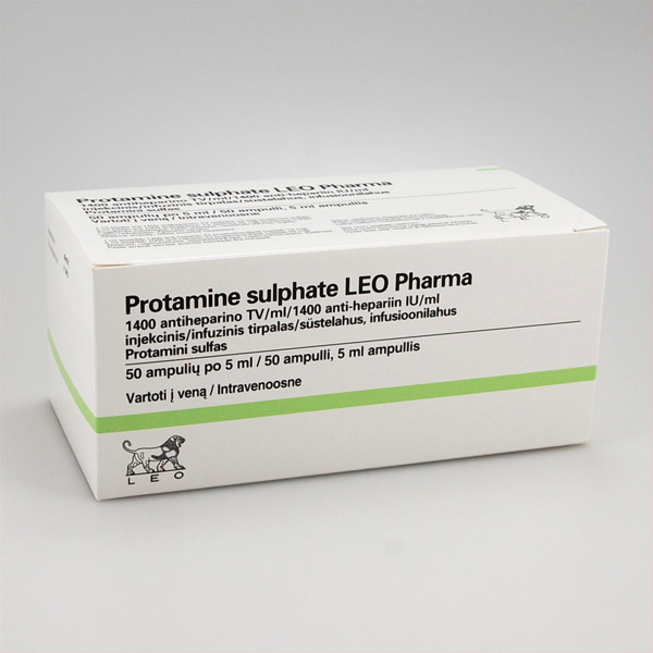 PROTAMINE SULPHATE LEO PHARMA, 1400 antiheparino TV/ml, injekcinis ar infuzinis tirpalas, 5 ml, N50  paveikslėlis