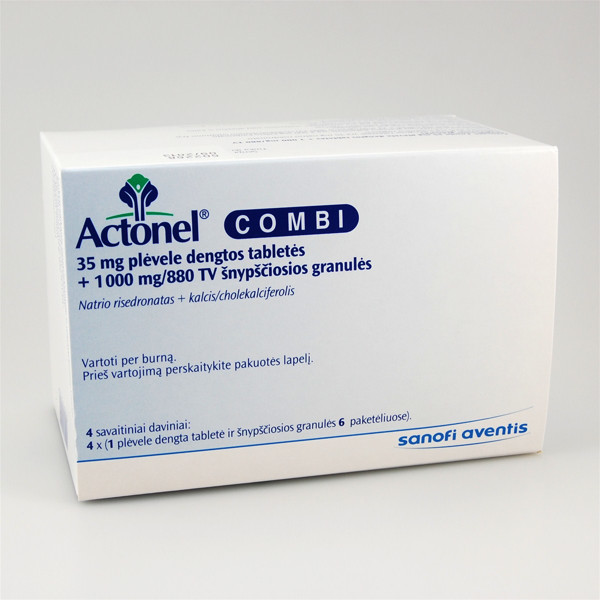 ACTONEL COMBI, 35 mg, plėvele dengtos tabletės + 1000 mg / 880 TV šnypščiosios granulės, N4 x (1+6) paveikslėlis