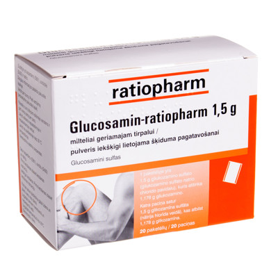 GLUCOSAMIN-RATIOPHARM, 1,5 g, milteliai geriamajam tirpalui, N20 paveikslėlis