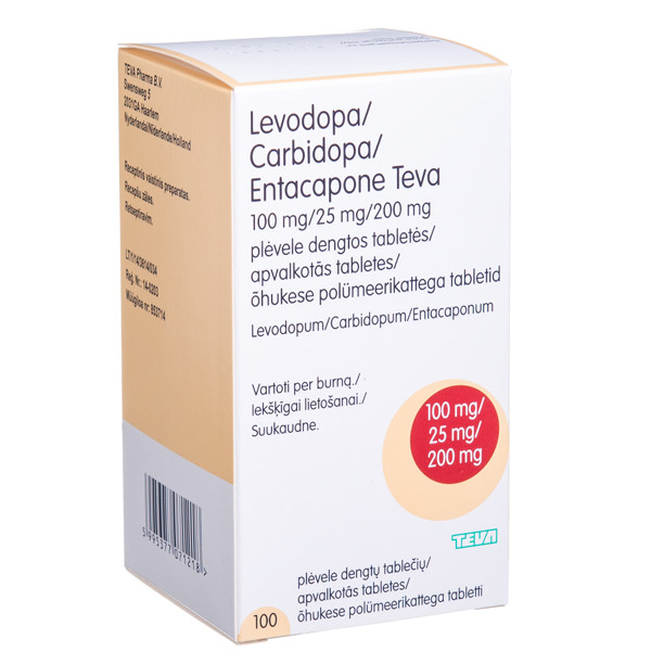 LEVODOPA/CARBIDOPA/ENTACAPONE TEVA, 100 mg/25 mg/200 mg, plėvele dengtos tabletės, N100  paveikslėlis