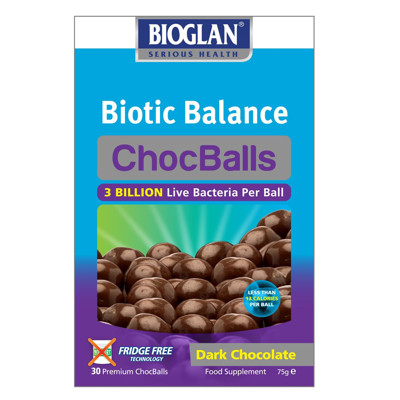 BIOGLAN BIOTIC BALANCE CHOCBALLS, juodojo šokolado skonio, 30 kramtomųjų tablečių paveikslėlis