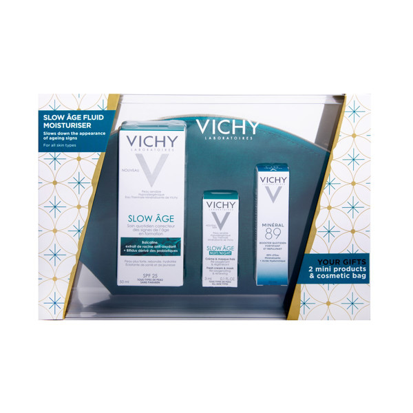 VICHY rinkinys SLOW AGE, fluidas normaliai/mišriai odai, 50 ml + SLOW AGE, naktinis kremas-kaukė, 3 ml + MINERAL 89, 10 ml + kosmetinė paveikslėlis