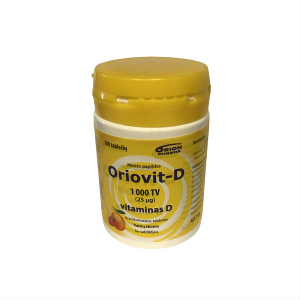 ORIOVIT-D 25 µg 1000 TV, vitaminas D, 100 kramtomųjų tablečių, vaisių skonio paveikslėlis