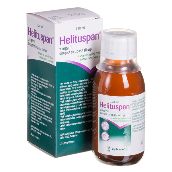 HELITUSPAN, 7 mg/ml, sirupas, 120 ml ir taurelė paveikslėlis