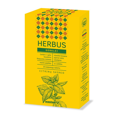 HERBUS, gerklei, citrinų skonio, 20 čiulpiamųjų tablečių paveikslėlis