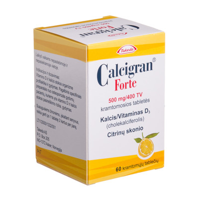 CALCIGRAN FORTE, 500 mg/400 TV, kramtomosios tabletės, N60  paveikslėlis