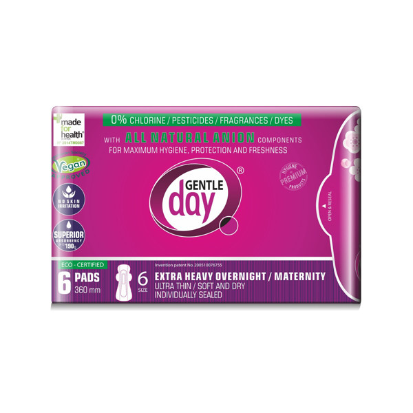 GENTLE DAY EXTRA HEAVY, higieniniai įklotai, gausiai sugeriantys, 6 vnt. paveikslėlis GENTLE DAY EXTRA HEAVY, higieniniai įklotai, gausiai sugeriantys, 6 vnt. paveikslėlis