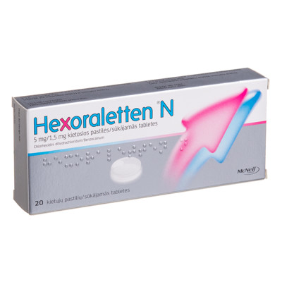 HEXORALETTEN N, 5 mg/1,5 mg, kietosios pastilės, N20  paveikslėlis