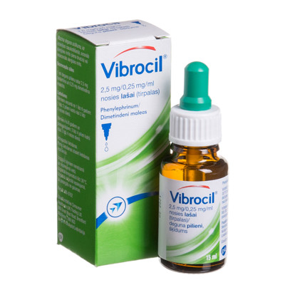 VIBROCIL, 2,5 mg/0,25 mg/ml, nosies lašai (tirpalas), 15 ml paveikslėlis