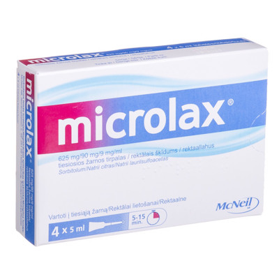 MICROLAX, 625 mg/90 mg/9 mg/ml, tiesiosios žarnos tirpalas, 5 ml, N4  paveikslėlis