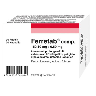 FERRETAB COMP., 152,1 mg/0,5 mg, pailginto atpalaidavimo kietosios kapsulės, N30 paveikslėlis