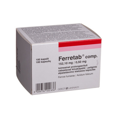 FERRETAB COMP., 152,1 mg/0,5 mg, pailginto atpalaidavimo kietosios kapsulės, N100 paveikslėlis