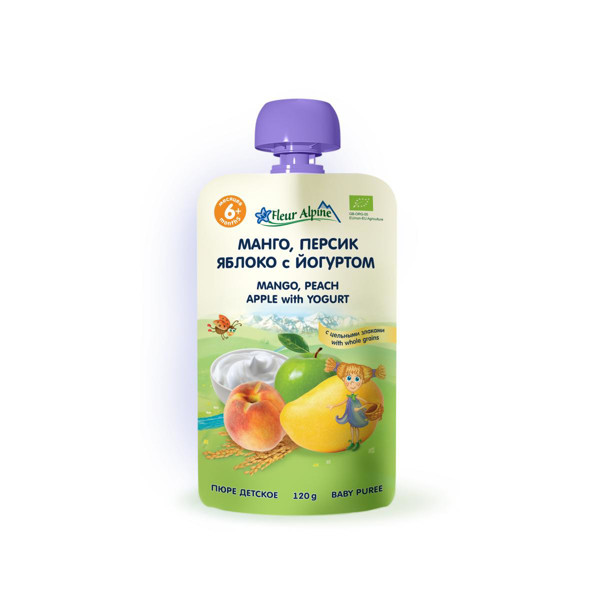 „Mango-persikų-obuolių su jogurtu" ekologiška tyrelė FLEUR ALPINE, nuo 6 mėnesių, 120 g x 6 paveikslėlis