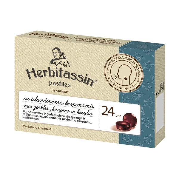HERBITASSIN, pastilės su islandinėmis kerpenomis nuo gerklės skausmo ir kosulio, 24 pastilės paveikslėlis