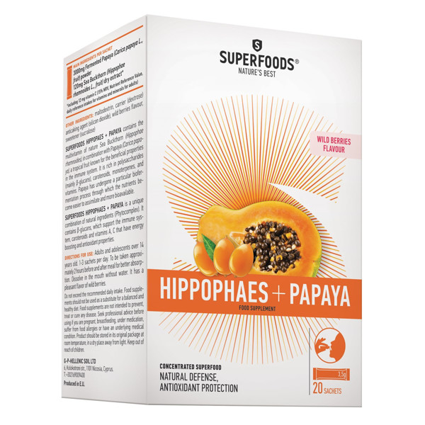 SUPERFOODS HIPPOPHAES AND PAPAYA, vaisių skonio, 20 paketėlių po 3,5 g paveikslėlis