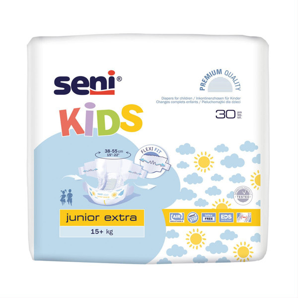 SENI KIDS JUNIOR EXTRA, 15+ kg, anatominės sauskelnės, 30 vnt. paveikslėlis SENI KIDS JUNIOR EXTRA, 15+ kg, anatominės sauskelnės, 30 vnt. paveikslėlis