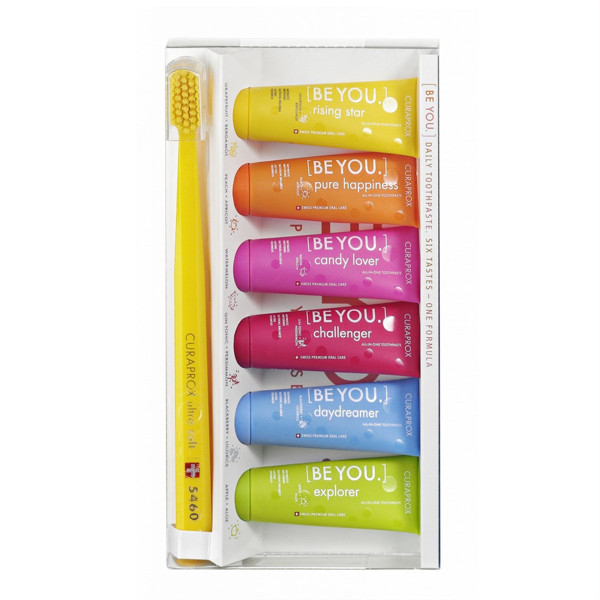 CURAPROX BE YOU, natūraliai balinančių, kasdieninių dantų pastų rinkinys, įvairių skonių, 6 x 10 ml ir dantų šepetėlis paveikslėlis