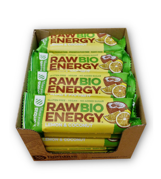 BOMBUS RAW BIO ENERGY ekologiškas vaisių batonėlis su kokosu ir citrina, 20x50 g paveikslėlis