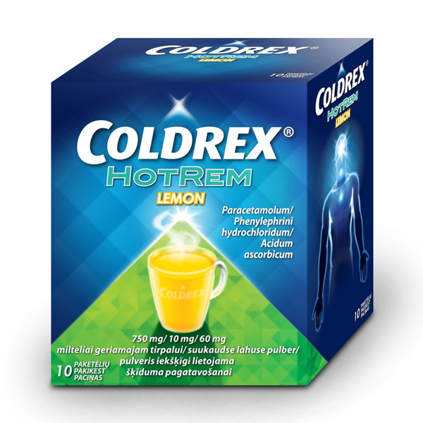 COLDREX HOTREM LEMON, 750 mg/10 mg/60 mg, milteliai geriamajam tirpalui, N10  paveikslėlis