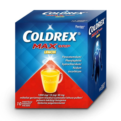 COLDREX MAXGRIP LEMON, 1000 mg/10 mg/40 mg, milteliai geriamajam tirpalui, N10  paveikslėlis