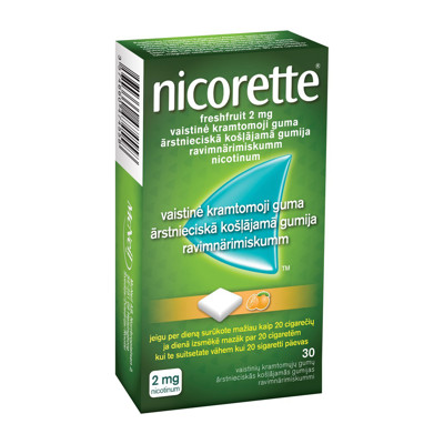 NICORETTE FRESHFRUIT, 2 mg, vaistinė kramtomoji guma, N30 paveikslėlis