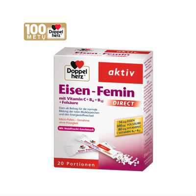 DOPPELHERZ AKTIV IRON-FEMIN DIRECT, 20 mikrogranulių paketėlių paveikslėlis