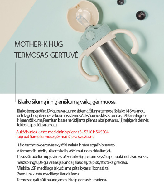 Mother-K HUG Termo gertuvė su šiaudeliu (350 ml.),mėtinės spalvos paveikslėlis