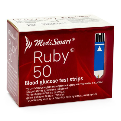 MEDISMART RUBY BLOOD GLUCOSE TESTS STRIPS, diagnostinės juostelės gliukozės kiekiui nustatyti (nekalibruojamos), 50 vnt. paveikslėlis