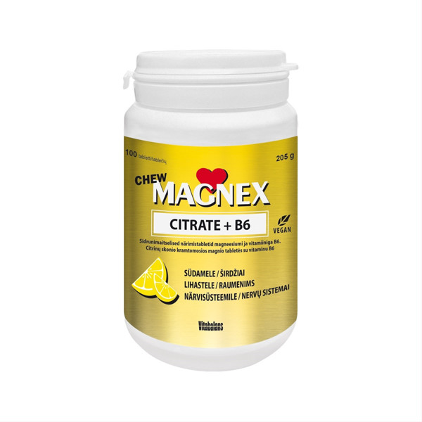 MAGNEX CITRATE 375 mg + B6 CHEW, citrinų skonio, 100 kramtomųjų tablečių paveikslėlis