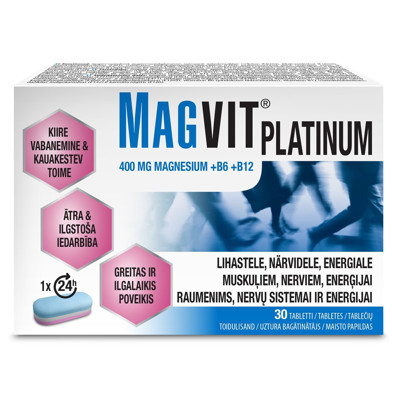 MAGVIT PLATINUM, 400 mg MAGNESIUM + B6 + B12, 30 tablečių paveikslėlis