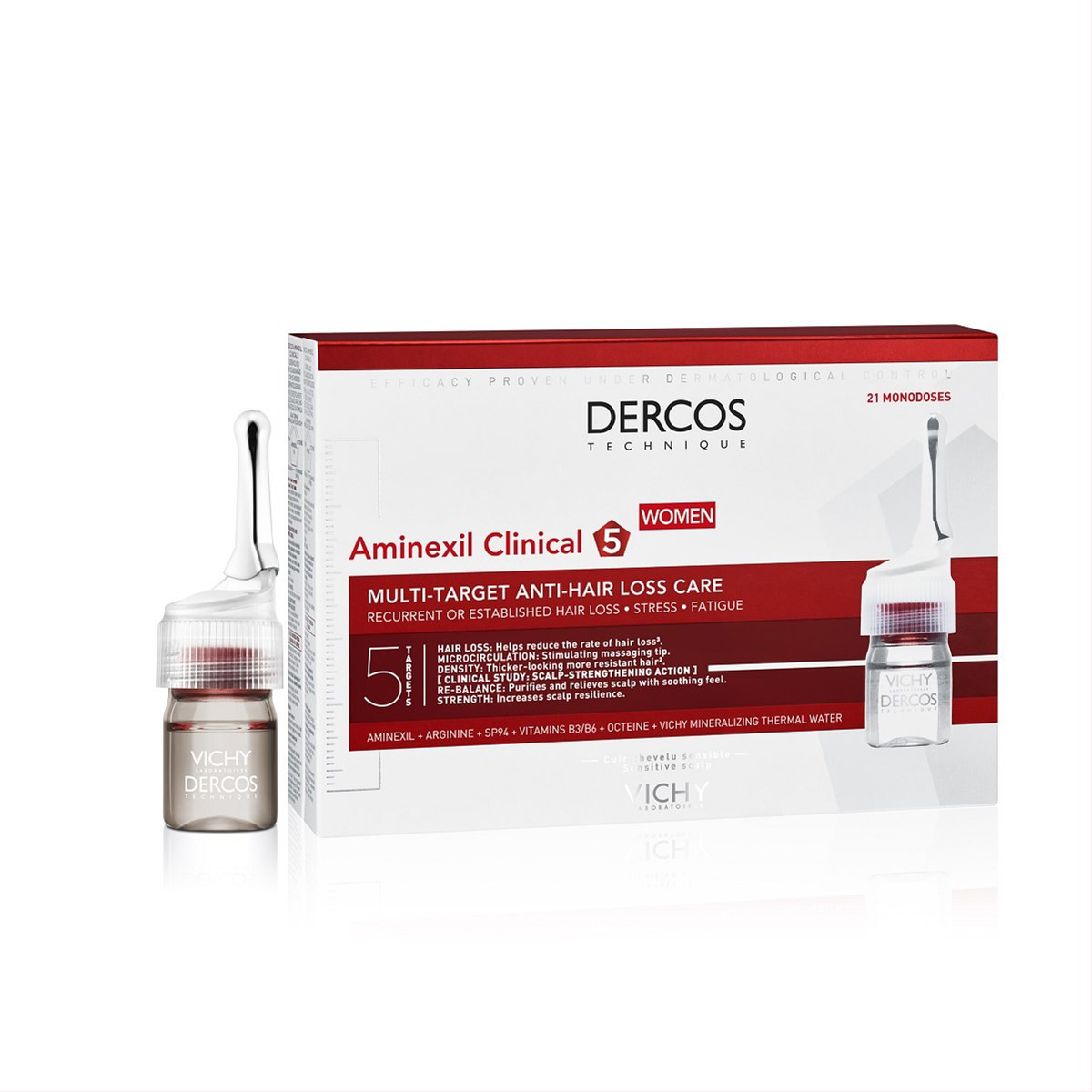VICHY AMINEXIL CLINICAL 5, ampulės nuo plaukų slinkimo moterims, 6 ml, 21 vnt.