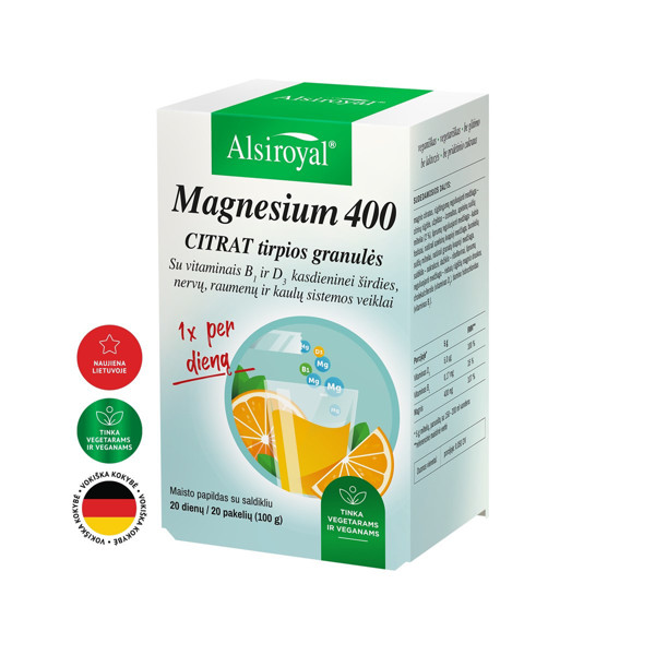 ALSIROYAL MAGNESIUM 400 CITRAT, tirpios granulės, N20 (galiojimas iki 2024.11.30) paveikslėlis