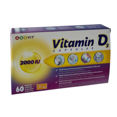 ABC VIT, vitaminas D3,  50µg, 2000TV, 60 kapsulių paveikslėlis