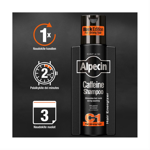 ALPECIN BLACK EDITION, šampūnas su kofeinu nuo plaukų slinkimo, 250 ml paveikslėlis