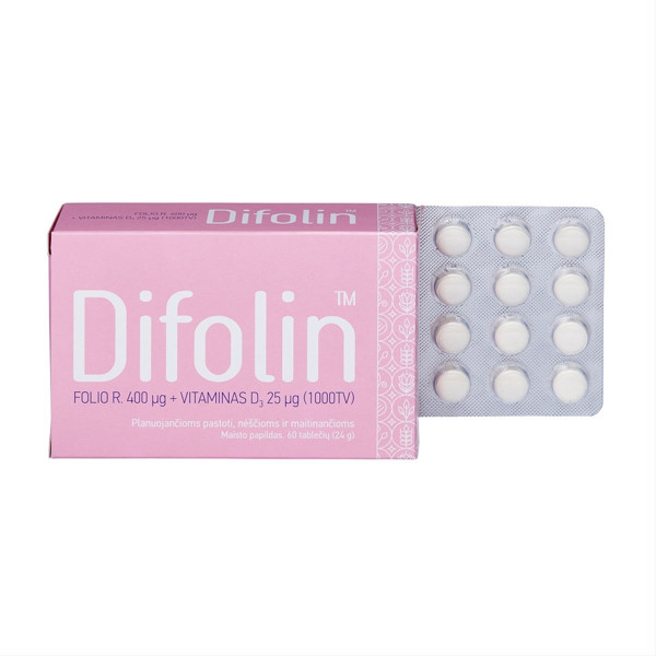 DIFOLIN, folio rūgštis + vitaminas D, 60 tablečių paveikslėlis