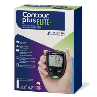 CONTOUR PLUS ELITE, gliukozės kiekio kraujyje stebėjimo sistema: gliukomatis + juostelės, 5 vnt. + adatėlės, 5 vnt. + pradūriklis, 1 vnt. paveikslėlis