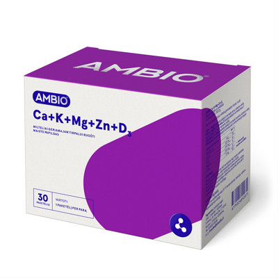 AMBIO Ca+K+Mg+Zn+D3, milteliai geriamajam tirpalui ruošti, 30 paketėlių paveikslėlis