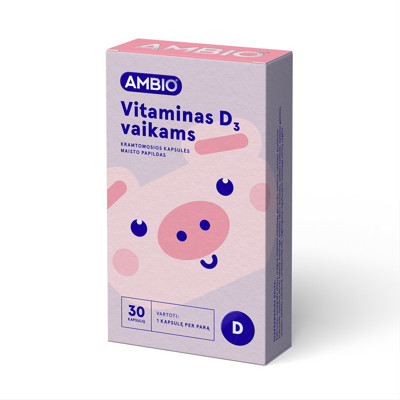 AMBIO VITAMINAS D3 VAIKAMS, 30 kramtomųjų kapsulių paveikslėlis
