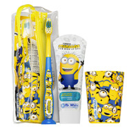 MINIONS kelioninis rinkinys vaikams: dantų pasta, 25 ml. + dantų šepetėlis, 1 vnt. + stiklinė, 1 vnt. + kosmetinė, 1 vnt.