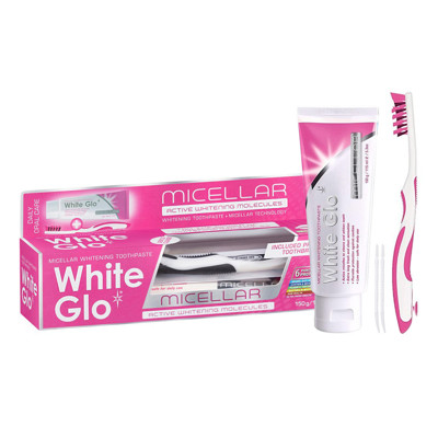 WHITE GLO MICELLAR WHITENING balinamoji micelinė dantų pasta, 150 g, dantų šepetėlis.