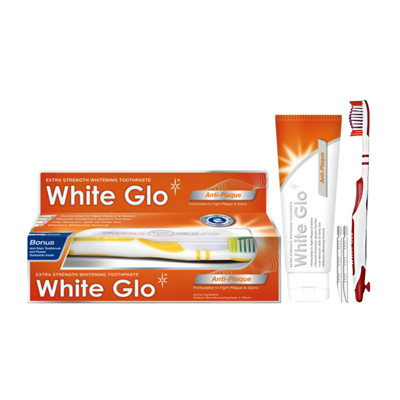 WHITE GLO ANTI-PLAQUE balinamoji dantų pasta nuo akmenų susidarymo,  150 g + dantų šepetėlis