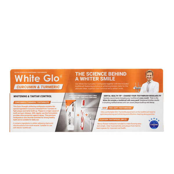 WHITE GLO CURCUMIN & TURMERIC balinamoji dantų pasta su kurkuminu, 150 g + dantų šepetėlis