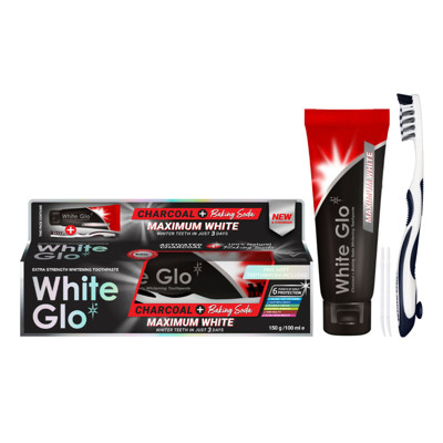 WHITE GLO CHARCOAL + BAKING SODA balinamoji dantų pasta su aktyvuota anglimi ir soda
