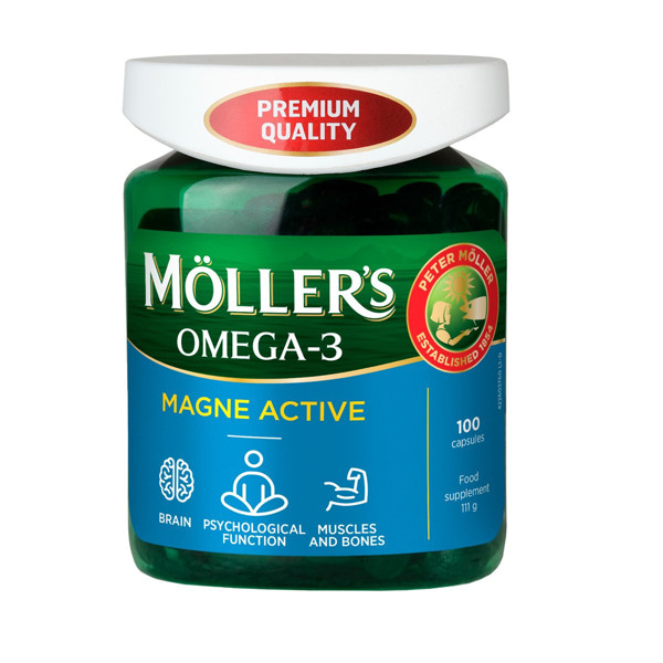 MOLLER'S OMEGA-3 MAGNE ACTIVE, žuvų taukai, 100 kapsulių paveikslėlis