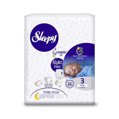 SLEEPY “Night” sauskelnės-kelnaitės, su levandų aliejumi, 3 Midi (4-10 Kg / 34 Vnt.) paveikslėlis