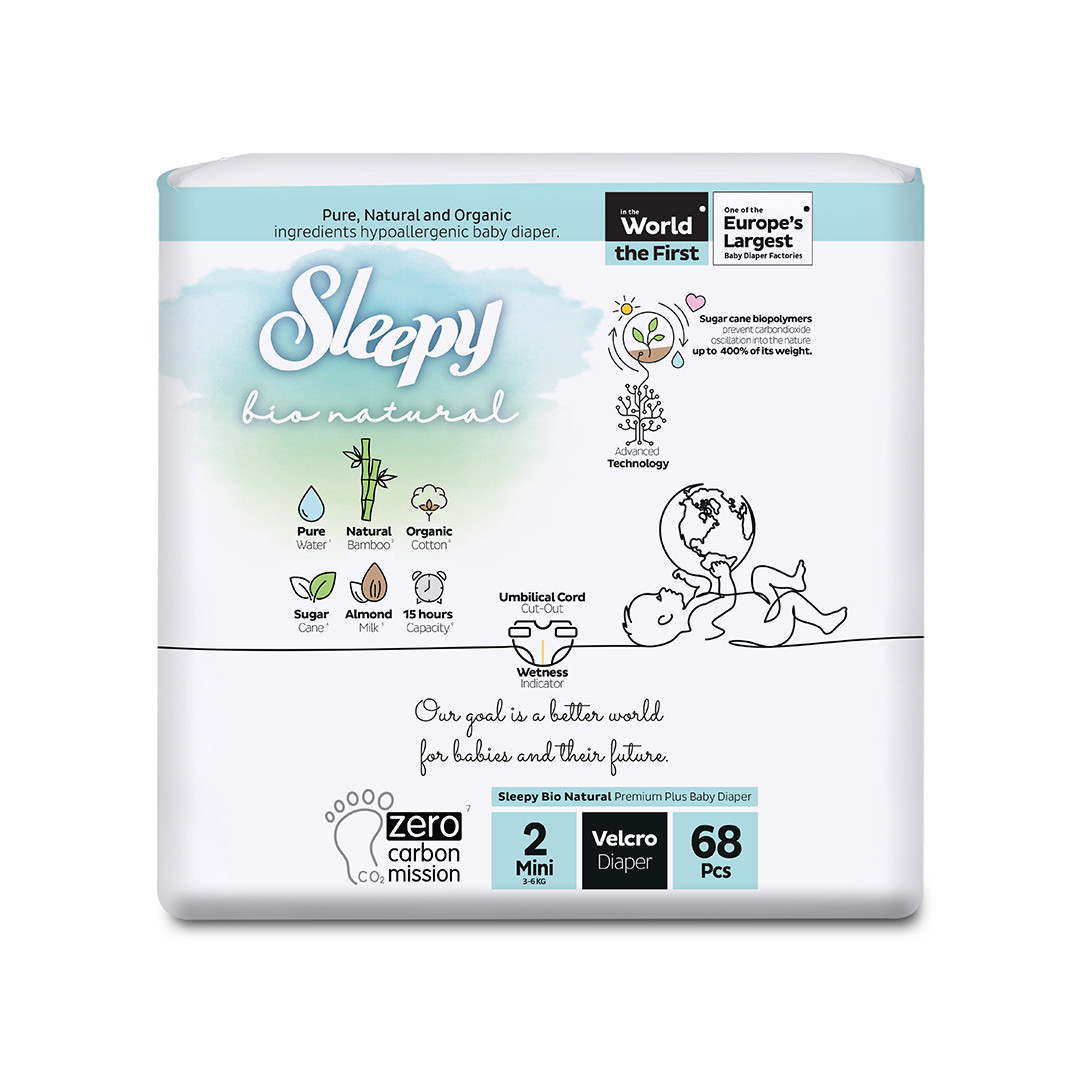 SLEEPY “Bio Natural” sauskelnės, 2 Mini (3-6 Kg / 68 Vnt.)